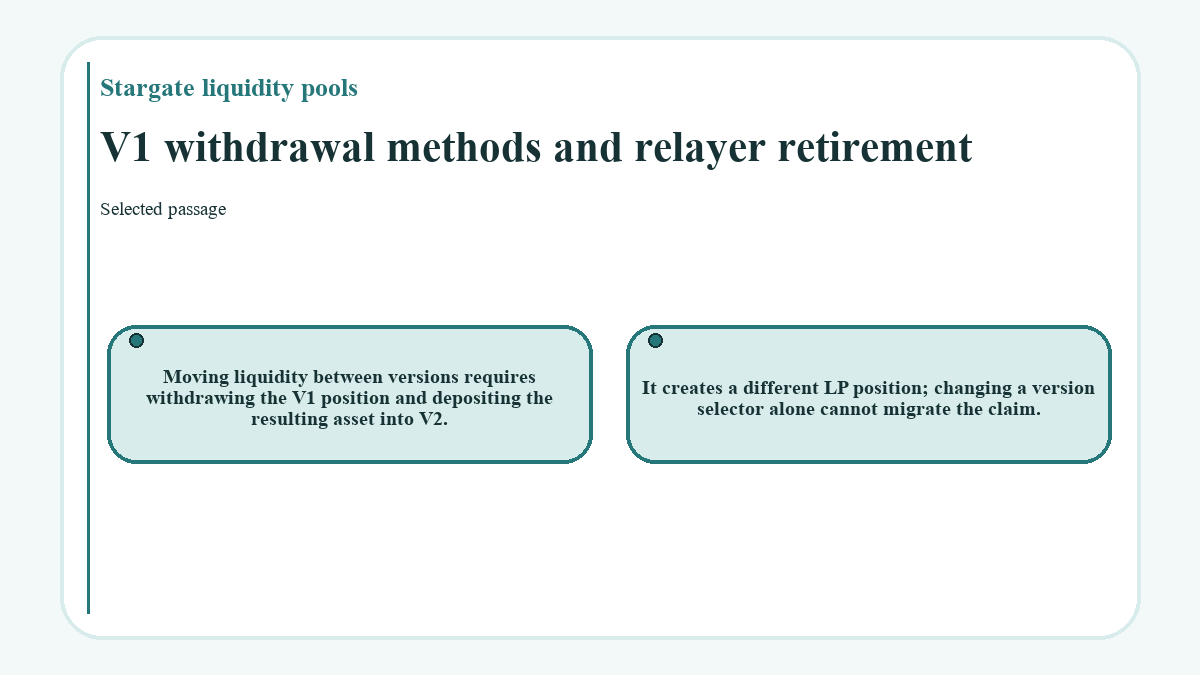 V1 withdrawal methods and relayer retirement (Stargate liquidity pools)